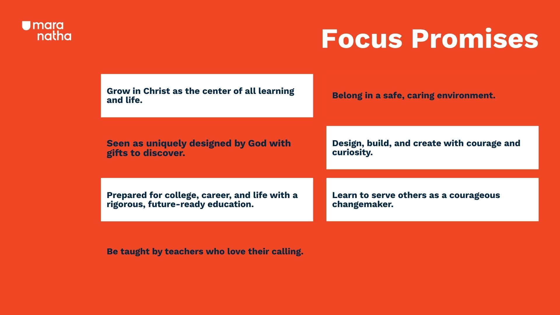 Maranatha's seven focus brand promises