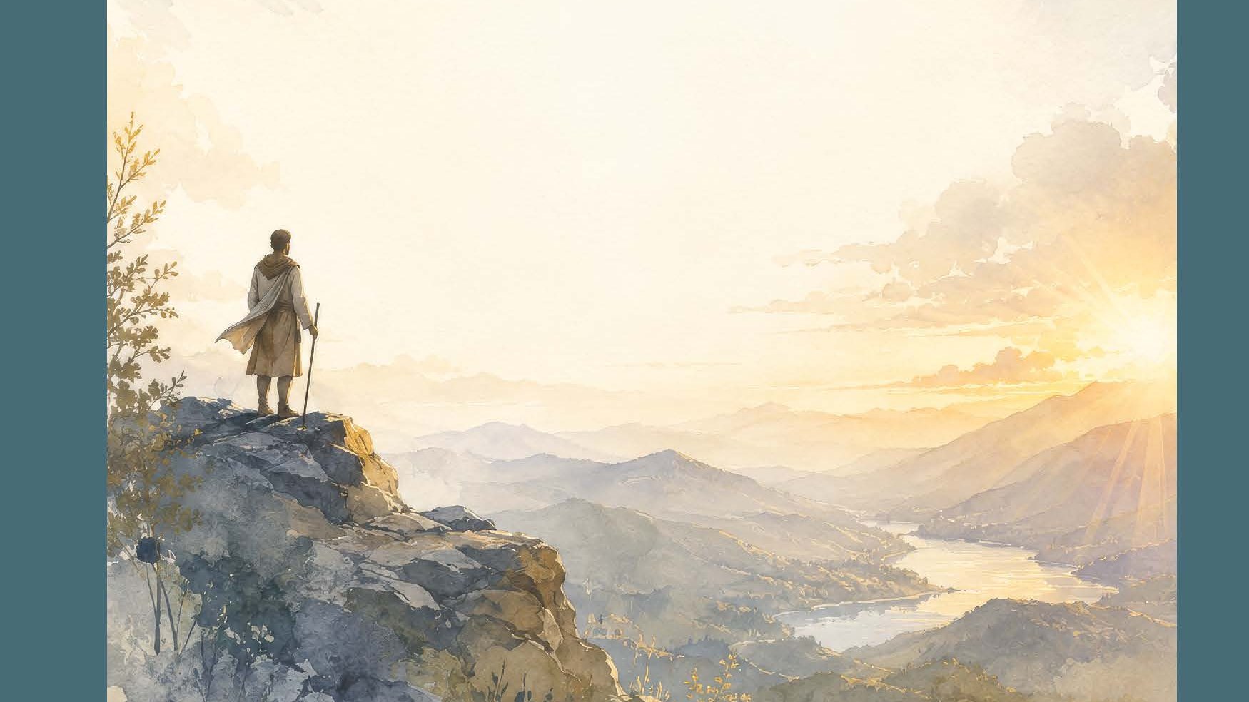 Faith-Aligned Mindset Participant Workbook cover, a watercolor pilgrim overlooking a sunrise valley
