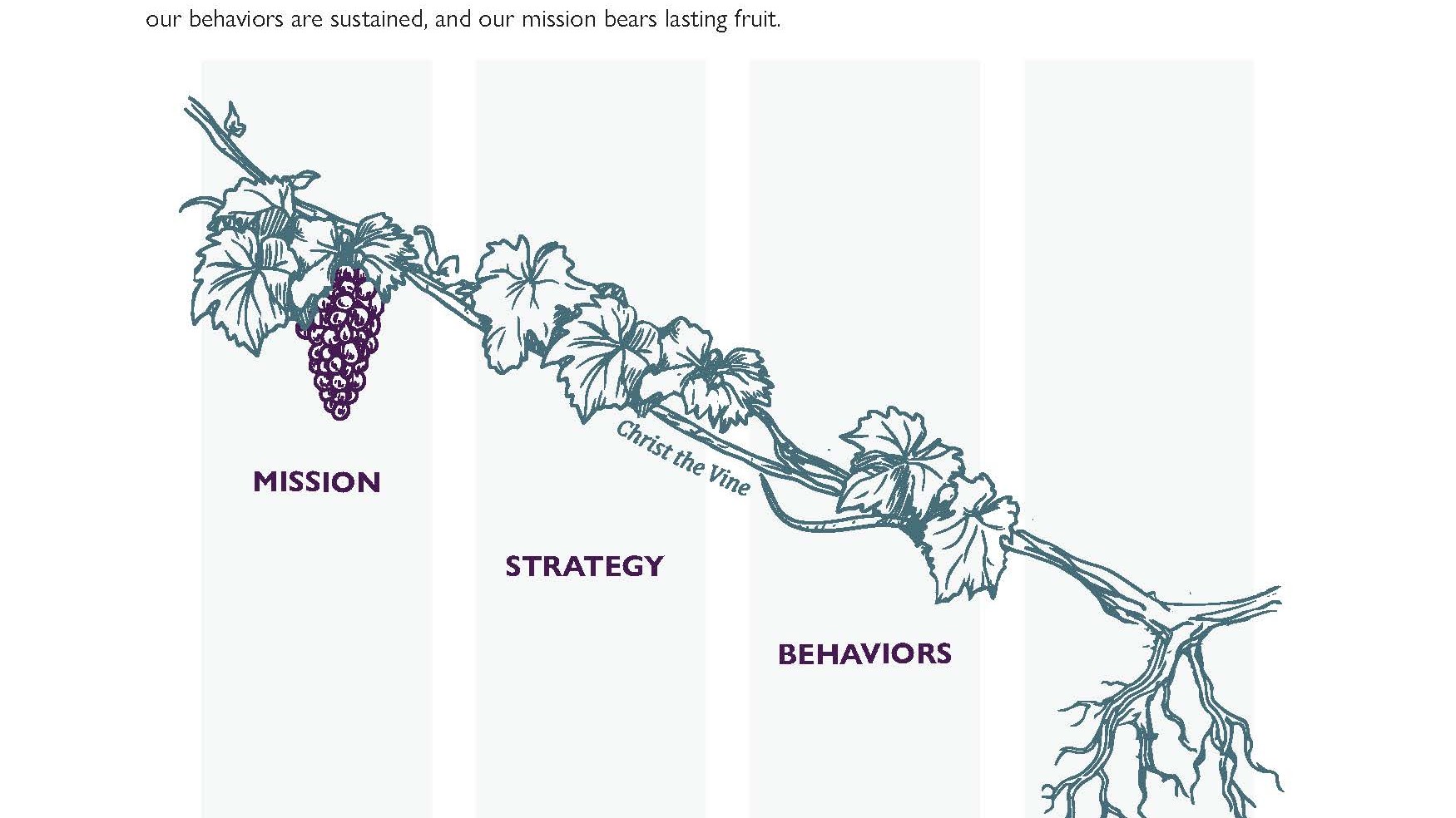 Mission to Mindset diagram, a vine running from mission through strategy and behaviors, labeled Christ the Vine