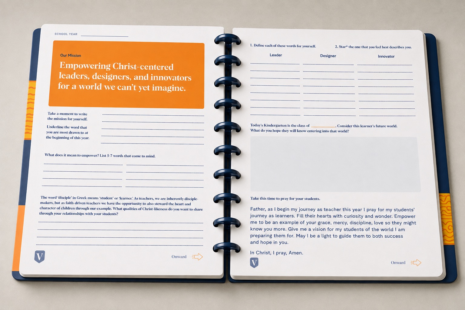 An open spread of the journal, showing Venture's mission and a page of reflection prompts for teachers