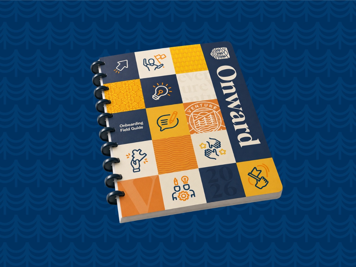 The Venture Onboarding Field Guide, titled Onward, beside the Venture wordmark